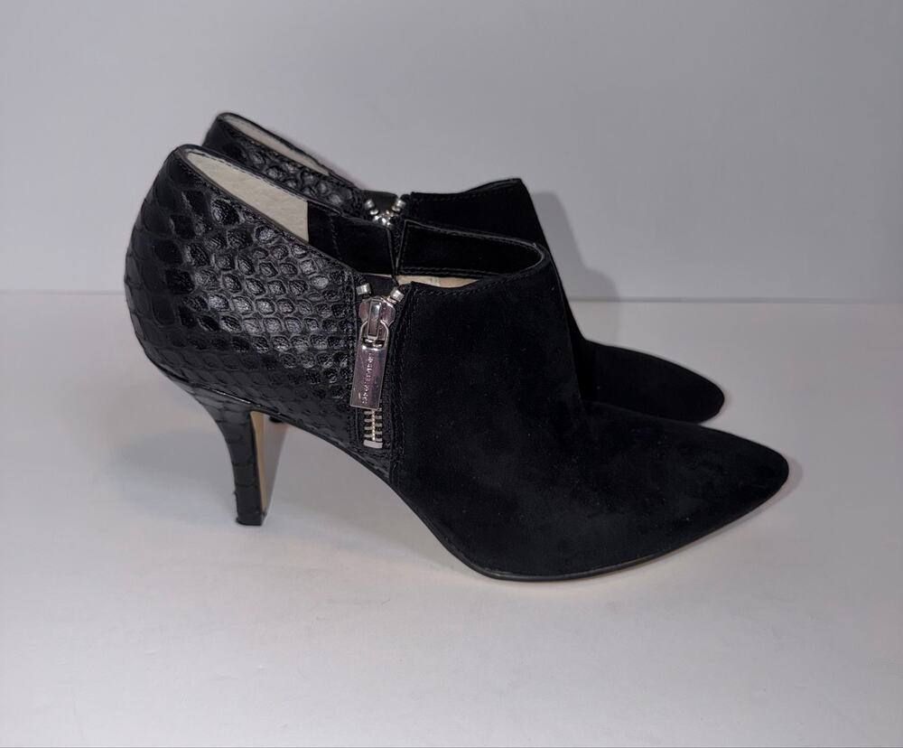 Michael Kors Black Suede Pointed Toe Ankle Booties Croc Leather Heels 6.5M
